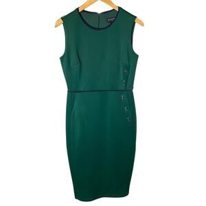 EnFocus Studio Emerald Green Button Accent Retro Sheath Dress Navy Piping Sz 6